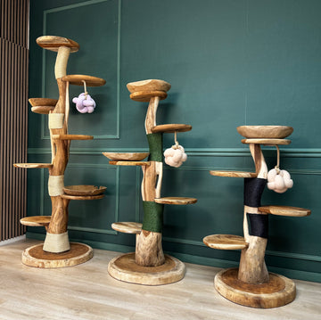 Collectie Krabpalen met kattenspeeltjes 200cm met wit touw en 2 schalen, 180 cm en groen touw, 155 cm en zwart touw