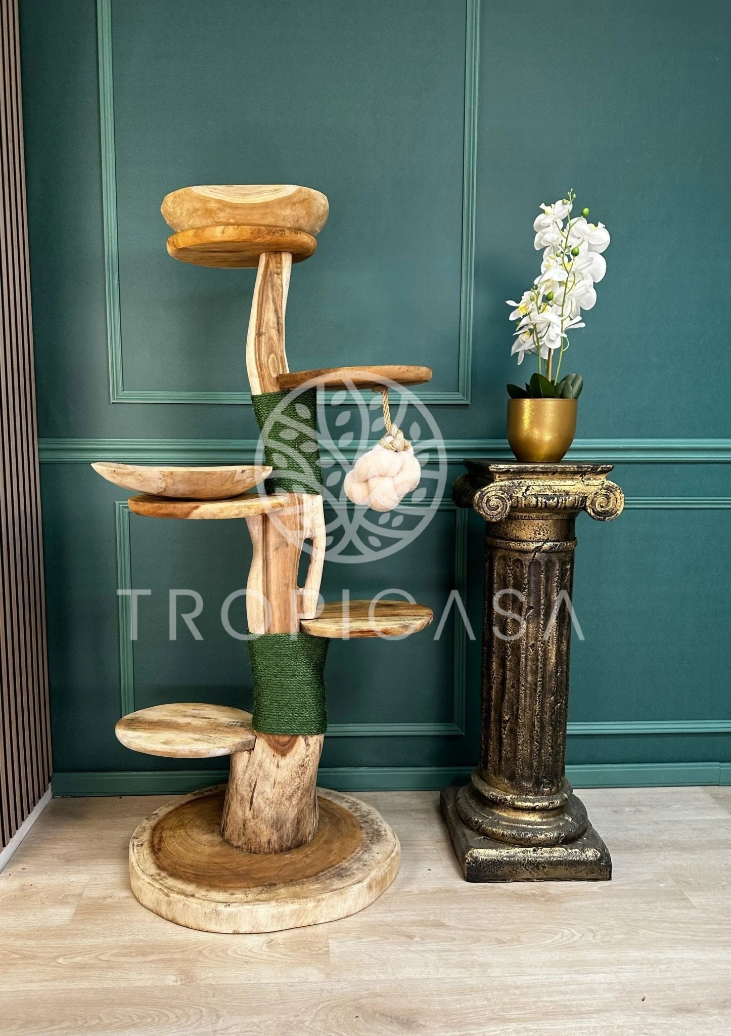 Complete Suar Houten Krabpaal met Groen Krabtouw, Schalen & Speeltje – 155 cm Hoog | Handgemaakt - TropiCasa.nl