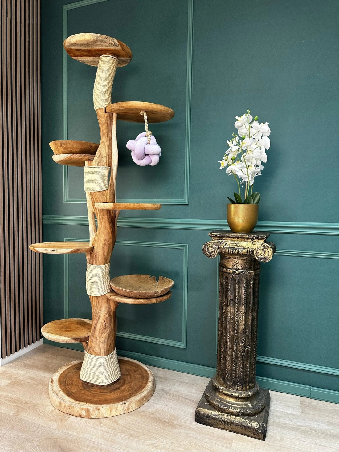 Complete Suar Houten Krabpaal met Krabtouw, Schalen & Speeltje – 205 cm Hoog | Handgemaakt - TropiCasa.nl
