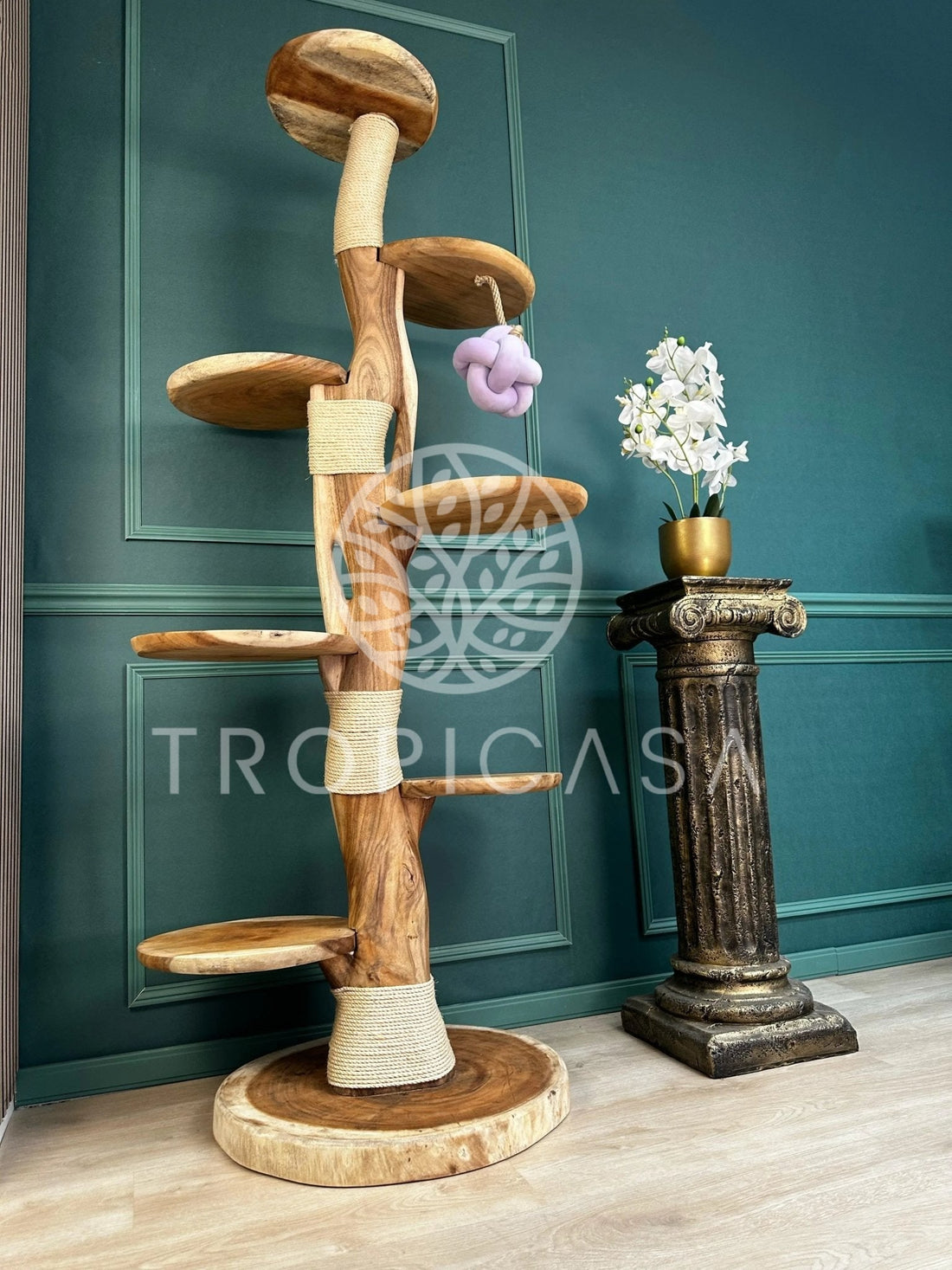 Complete Suar Houten Krabpaal met Krabtouw, Schalen & Speeltje – 205 cm Hoog | Handgemaakt - TropiCasa.nl
