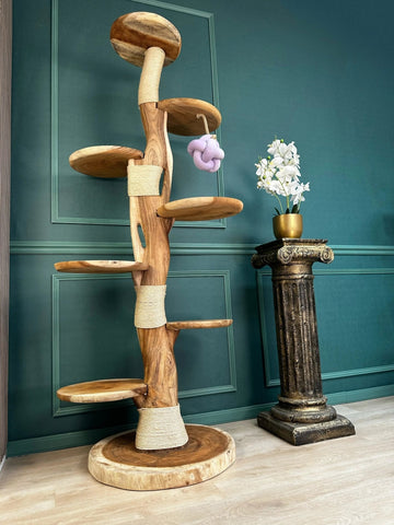 Complete Suar Houten Krabpaal met Krabtouw, Schalen & Speeltje – 205 cm Hoog | Handgemaakt - TropiCasa.nl