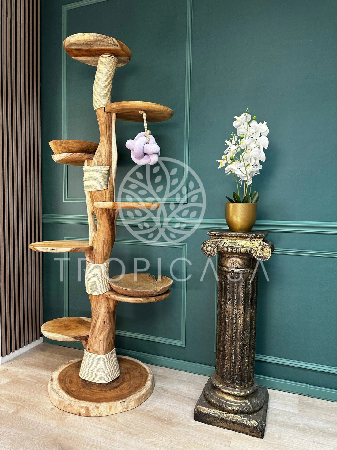 Complete Suar Houten Krabpaal met Krabtouw, Schalen & Speeltje – 205 cm Hoog | Handgemaakt - TropiCasa.nl