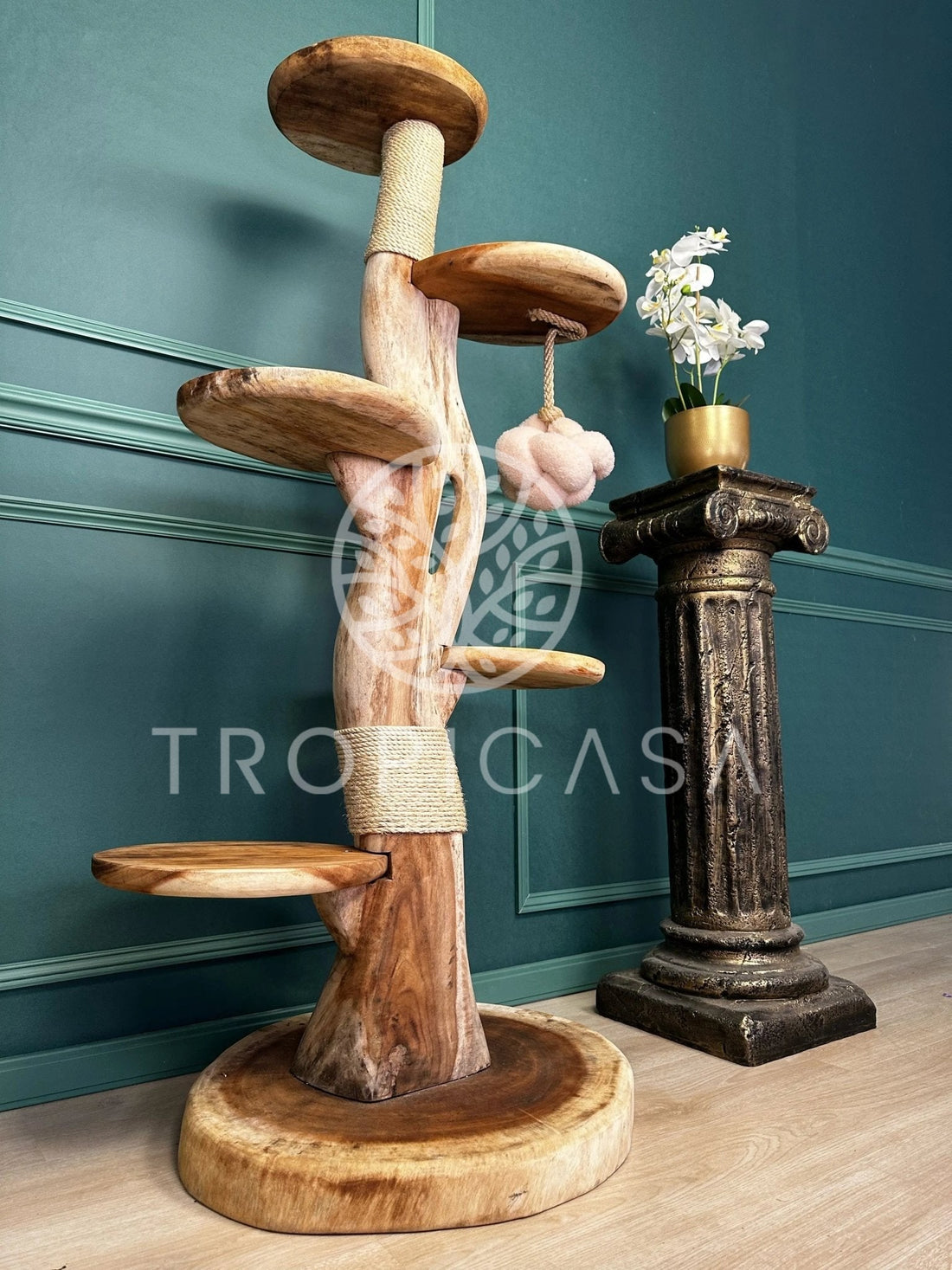 Complete Suar Houten Krabpaal met Krabtouw & Speeltje – 155 cm Hoog | Handgemaakt - TropiCasa.nl